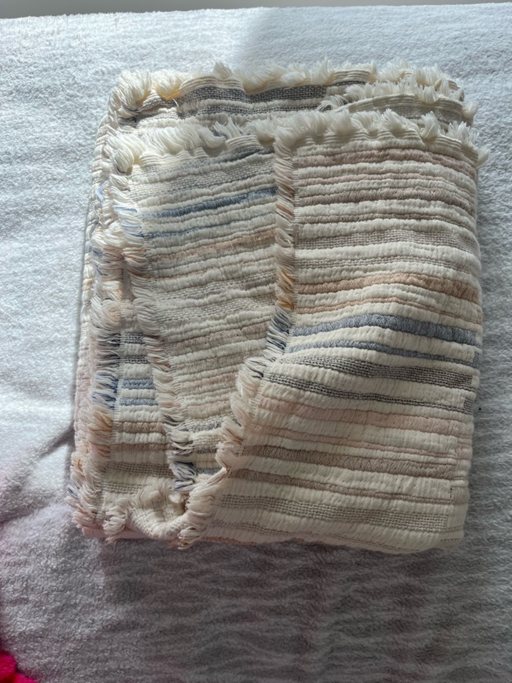 Striped Woven Throw Blanket in Cream, Blue & Tan - 100% cotton
